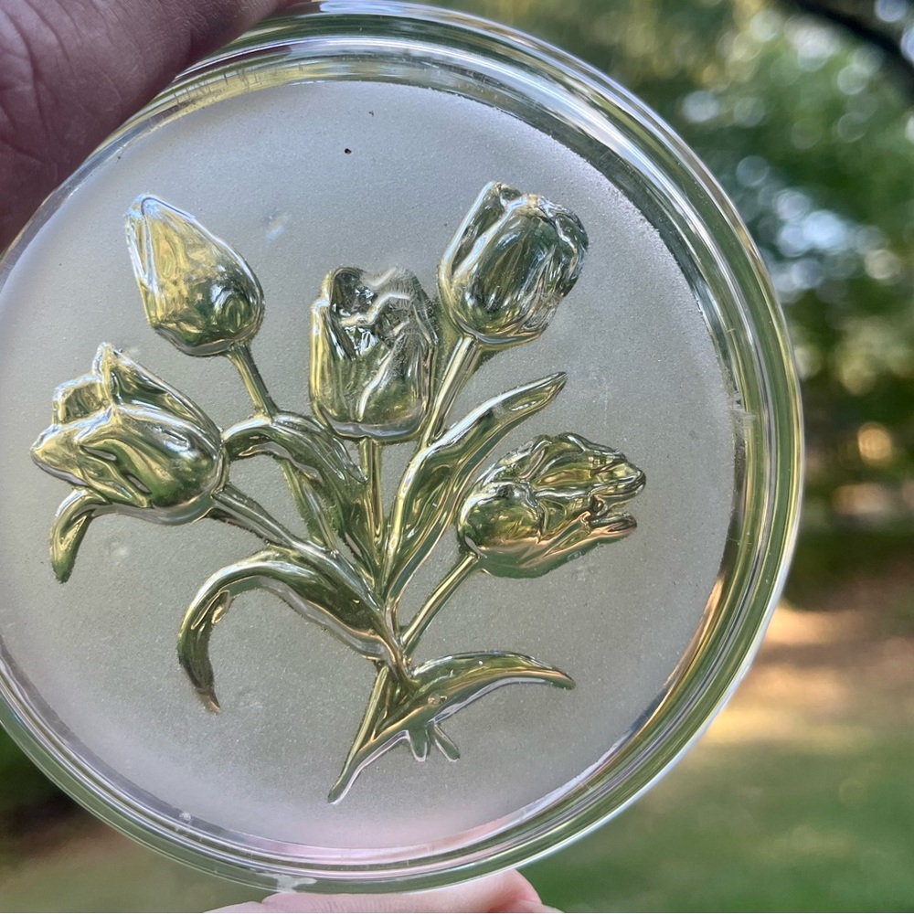 Val St Lambert Vintage Crystal Floral Intaglio Coasters Set of 6 (3 5/8”)